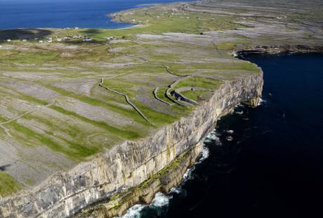 inis mor timetable, aran islands ferry times, inis mor ferry time, inishmore ferry time, ariel shot of Dun Aonghasa on Inis Mor, Aran Islands Ferries.